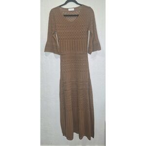Knit Mix Brown Crochet Maxi Dress V-Neck 3/4 Bell Sleeve Boho Open Knit Medium